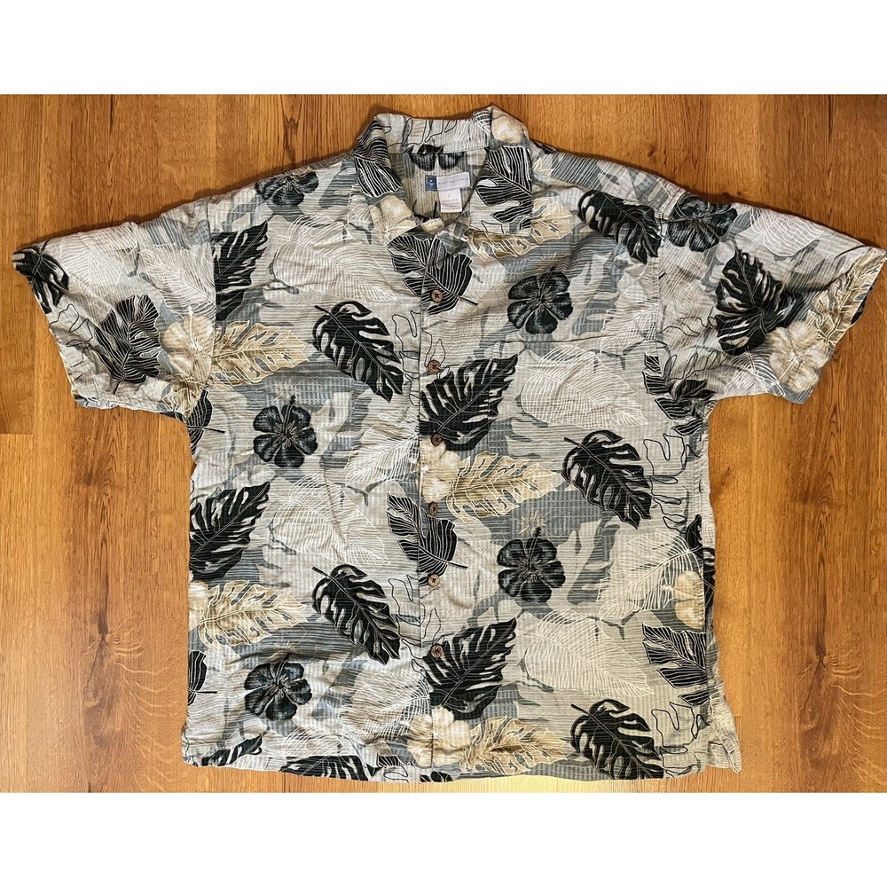 Hawaiian Shirt Half Moon Bay 100% Pure Silk Tropical Leaf Foliage Button Up L